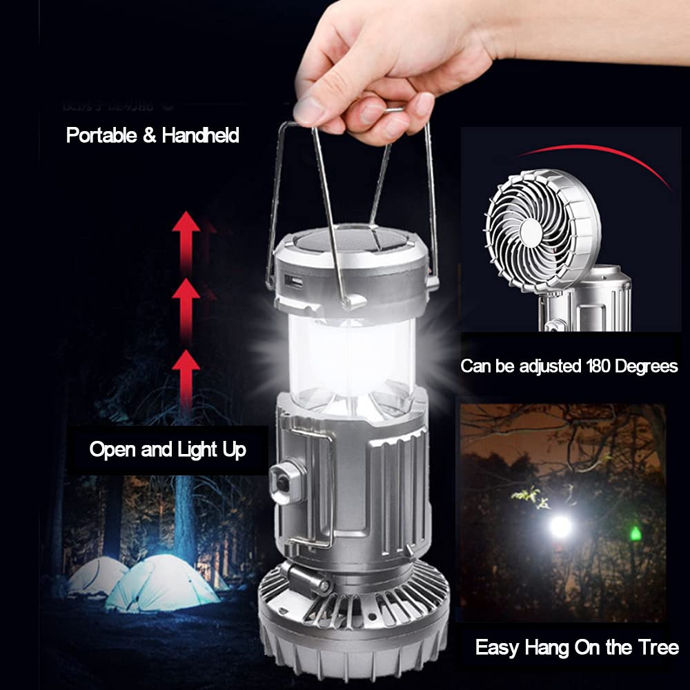 SupBri 2Pack Solar Camping Lantern with Fan, 3-Way Power Source,Rechargeable Lanterns for Power Outages, Camping Lights for Tent Hurricane Emergency Camping Gear Must Haves