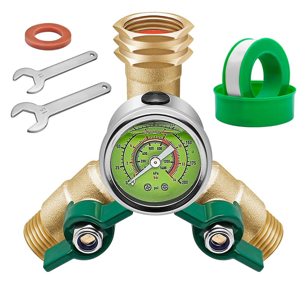 Brass Garden Hose Splitter Full Flow, Hose Splitter 2 Way Heavy Duty, Large Rotate Grip Handles Hose Y Splitter with Shutoff, Garden Hose Splitter with 0-200 PSI Pressure Gauge, 3/4" GHT Threads