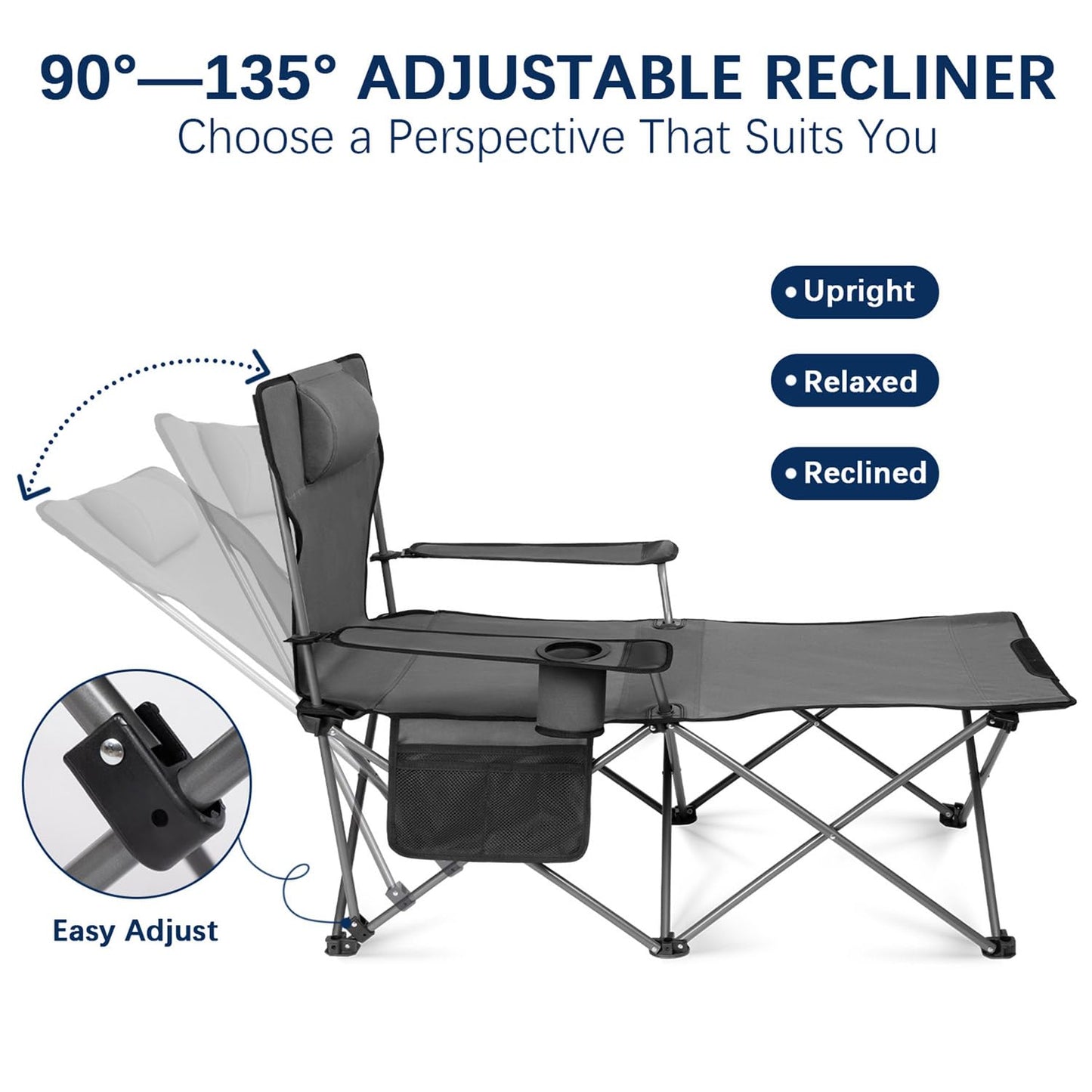 apollo walker Reclining Beach Chair, Adjustable 90-135° Backrest Camping Lounge Chairs for Adults, 6-Legged Folding Chair with Foot Rest & Detachable Pillow, Includes Carry Bag, Grey