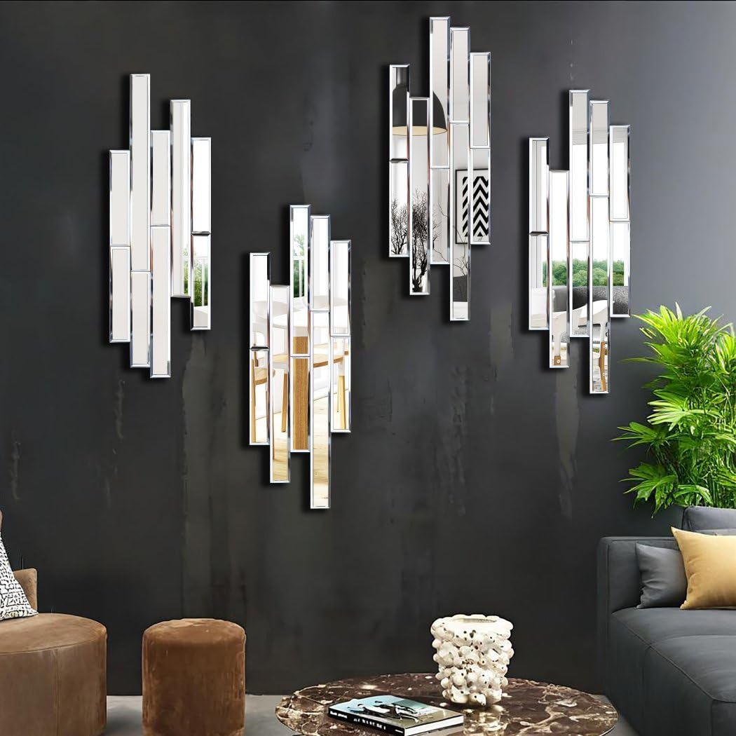 VOHJD Artisan Set of 4 Silver Beveled Wall Decor Mirrors - 24x8 Inch Each, Creative Combination Design for Modern & Farmhouse Home Decor, Shatter-Resistant Glass with Wood Backing