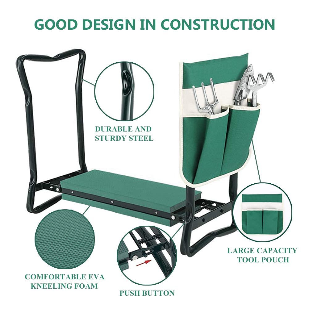 PLKO Garden Kneeler and Seat Stool Heavy Duty Garden Folding Bench with Large Tool Pocket and Soft EVA Kneeling Pad for Gardening Lovers