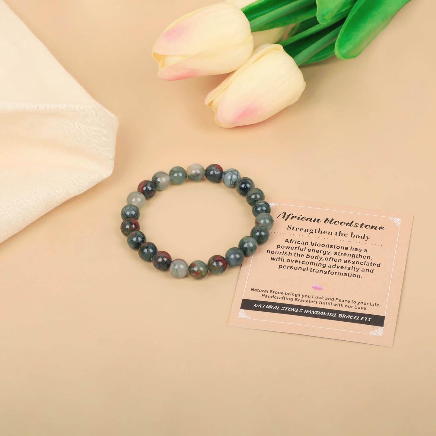 AD Beads Handmade Gemstone Stretch Elastic Bracelet Crystal Healing Reiki Nature's Beauty and Spiritual Essence Unisex (10mm, African Bloodstone (Strengthen the Body))