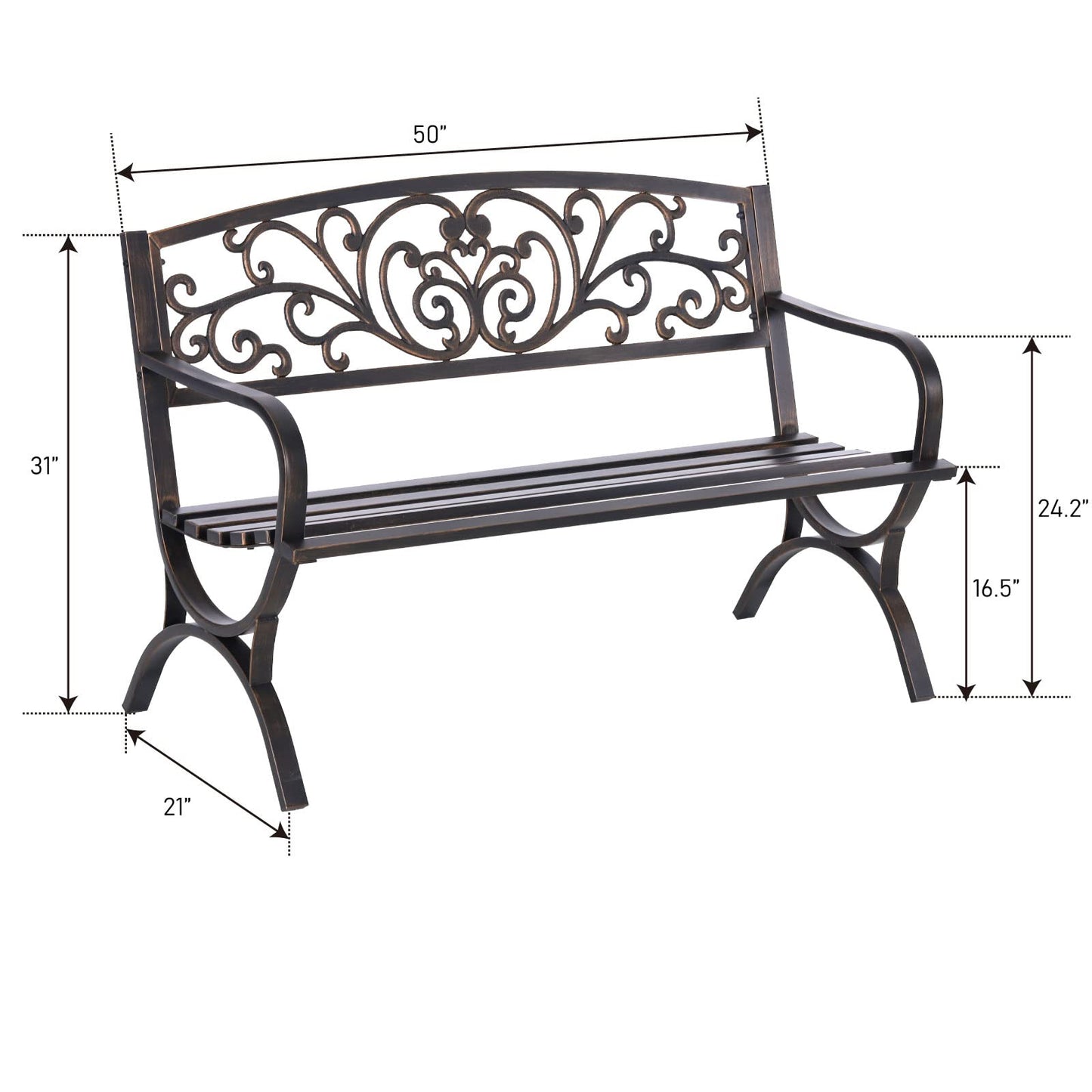 MFSTUDIO 50 Inches Outdoor Garden Bench, Cast Iron Metal Frame Patio Park Bench with Floral Pattern Backrest, Arch Legs for Porch, Lawn, Yard-Bronze