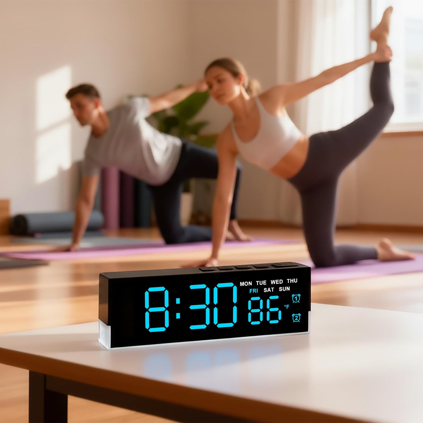 JENLYSTIME 7 Inch LED Digital Alarm Clock with Dual Alarms & Bottom Glow｜Displays Time, Date, Day, Temperature｜3-Level Auto/Manual Brightness, DST, USB or Battery Powered Modern Desk Clock (Blue)