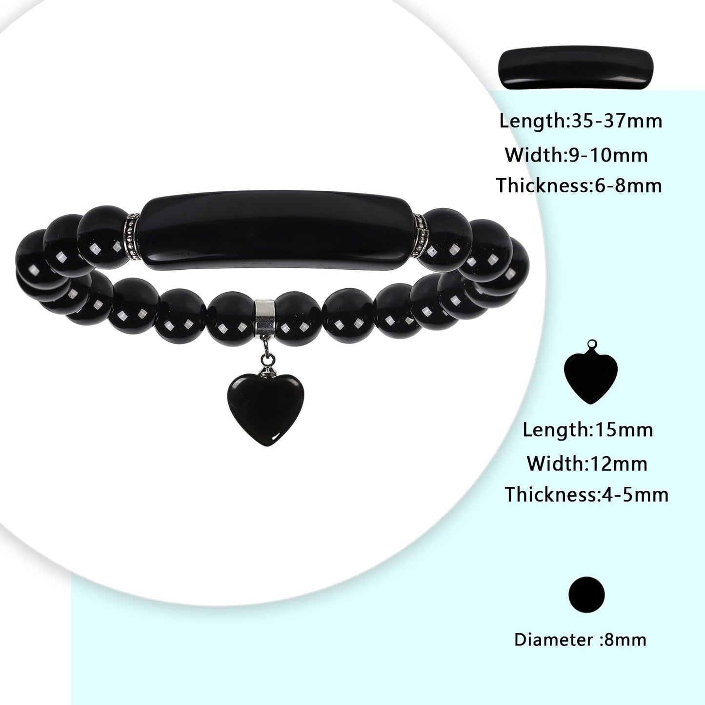 TUMBEELLUWA Healing Stone Bracelet 8mm Beads Chakra Crystal Energy Heart Charm Bracelet Handmade Jewelry for Women, Black Obsidian
