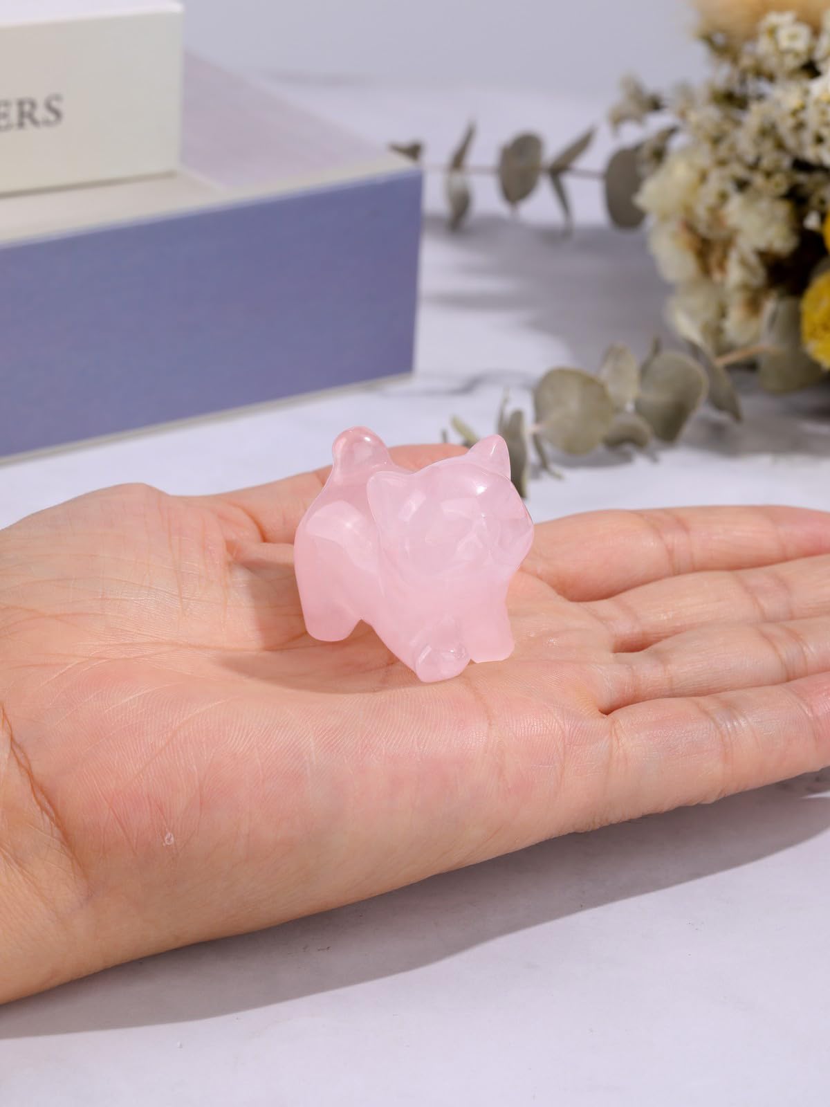 Top Plaza 1 PC Rose Quartz Crystal Cute Cat Figurine Gifts Carved Healing Lucky Home Decor Natural Gemstone Cats Collectibles Pocket Sculpture for Cat Lovers