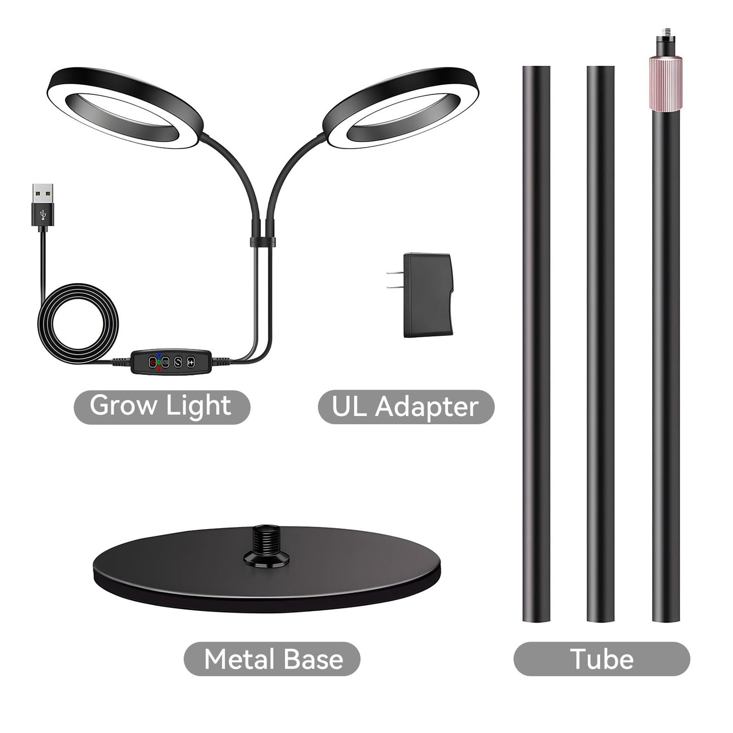 Dual-Head Grow Lights for Indoor Plants, Full Spectrum Plant Lights with 23.5-67" Adjustable Height Stand, 3 Growing Modes with Timer 3/9/12H, Dimmable Halo Grow Lights for Large Tall Plants