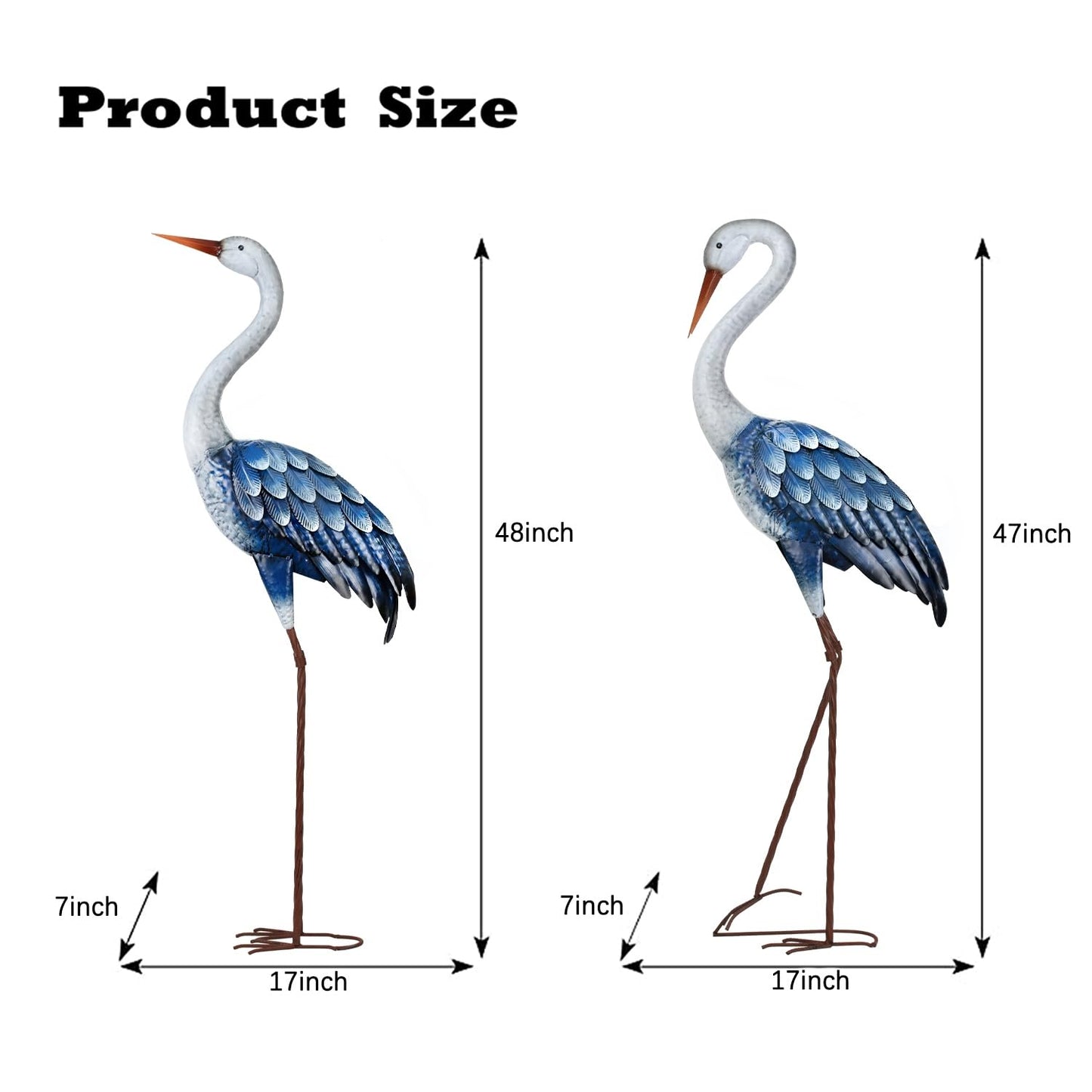 Kircust Outdoor Blue Heron Statues Metal Garden Crane Sculptures, Bird Yard Art Large 47-48 Inch, Set of 2, for Pond & Lawn Garden Decor, Gifts for Women, Men, Friends