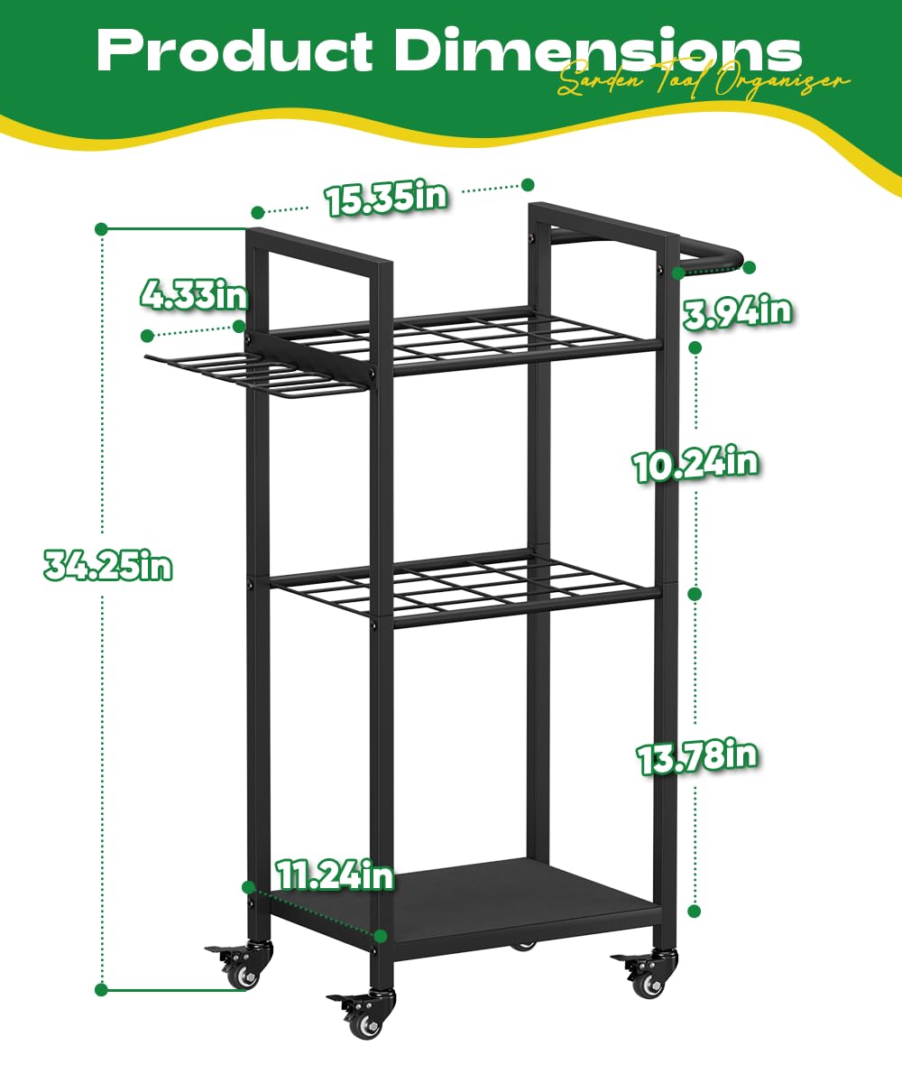 Lotspasie Garden Tool Organizer with Wheels, Heavy Duty 3 Tier Metal Yard Tool Storage Rack Holder with Side Hooks, Freestanding Garage Organizer for Shovels, Rakes, Brooms, Indoor Outdoor Use, Black