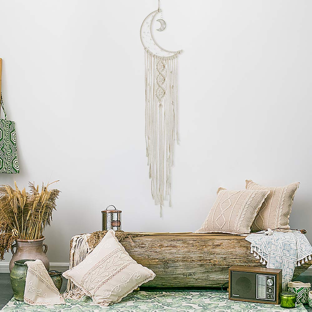 MOONFLY Dream Catcher with Handmade Moon Star Design Woven Cotton Dream Catchers Boho Macrame Wall Hanging Home Decoration Ornament Craft Gift (White Moon)