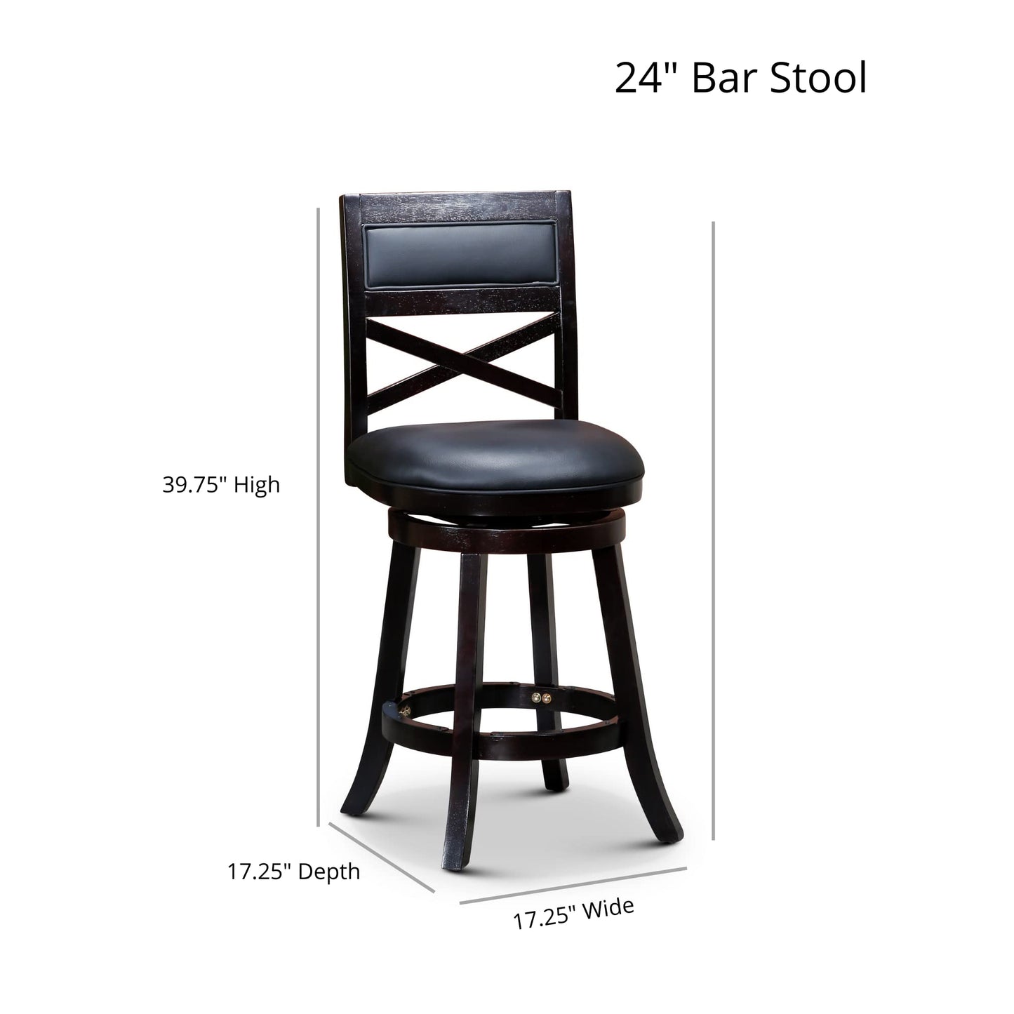 DTY Indoor Living Meeker X Back Fabric Swivel Stool, 30” Bar Height, Weathered Grey Finish, Black Leather Seat