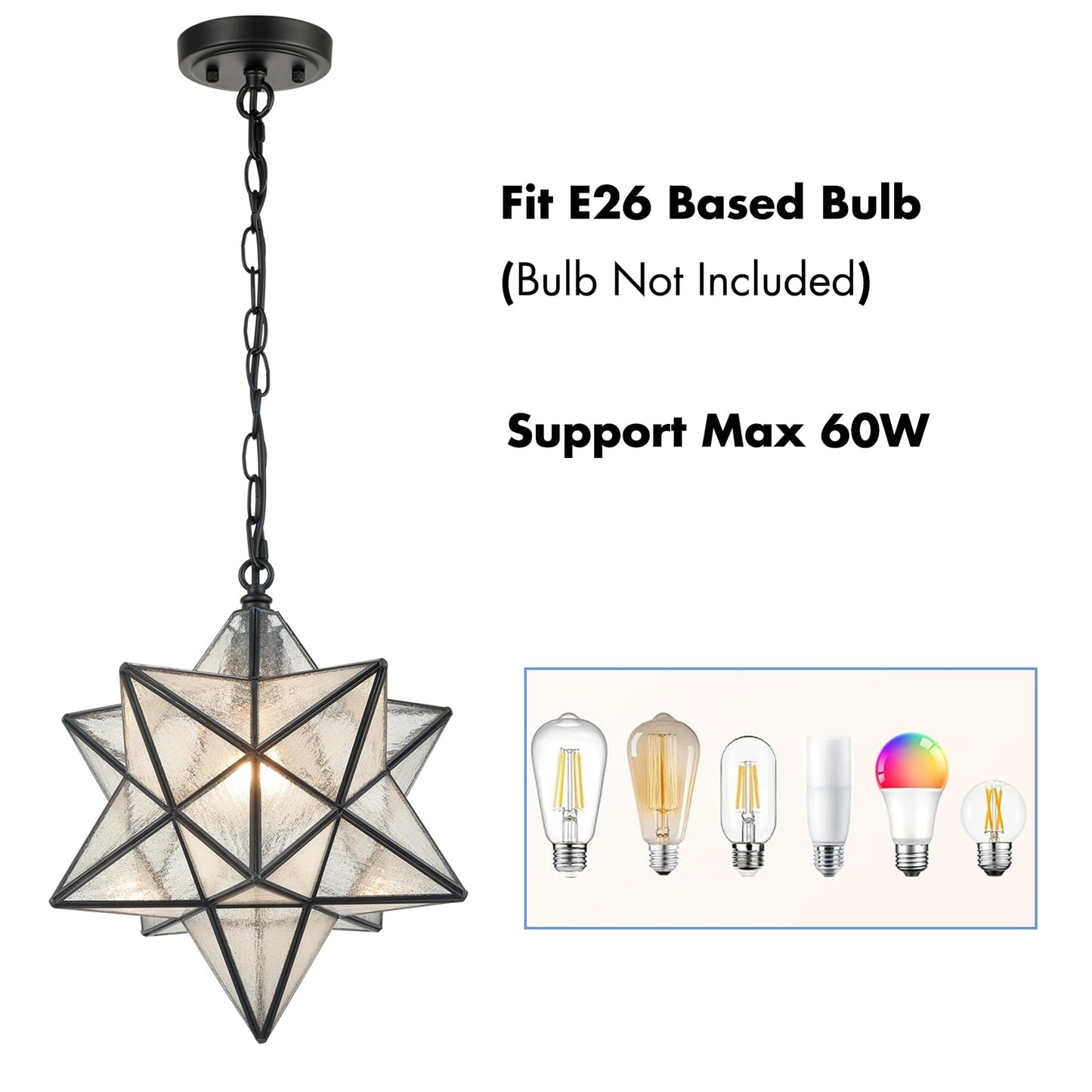 Modern Moravian Star Pendant Light Seeded Large Glass Hanging Lights with Adjustable Chain, 16'' Diameter Shade Lighting for Kitchen Porch Dining Foyer Bedroom
