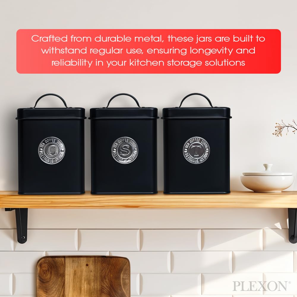 Plexon Canisters Sets for the Kitchen, Kitchen Canisters for Countertop Set of 3, Canister Sets with Lids and Copper Labels, Black