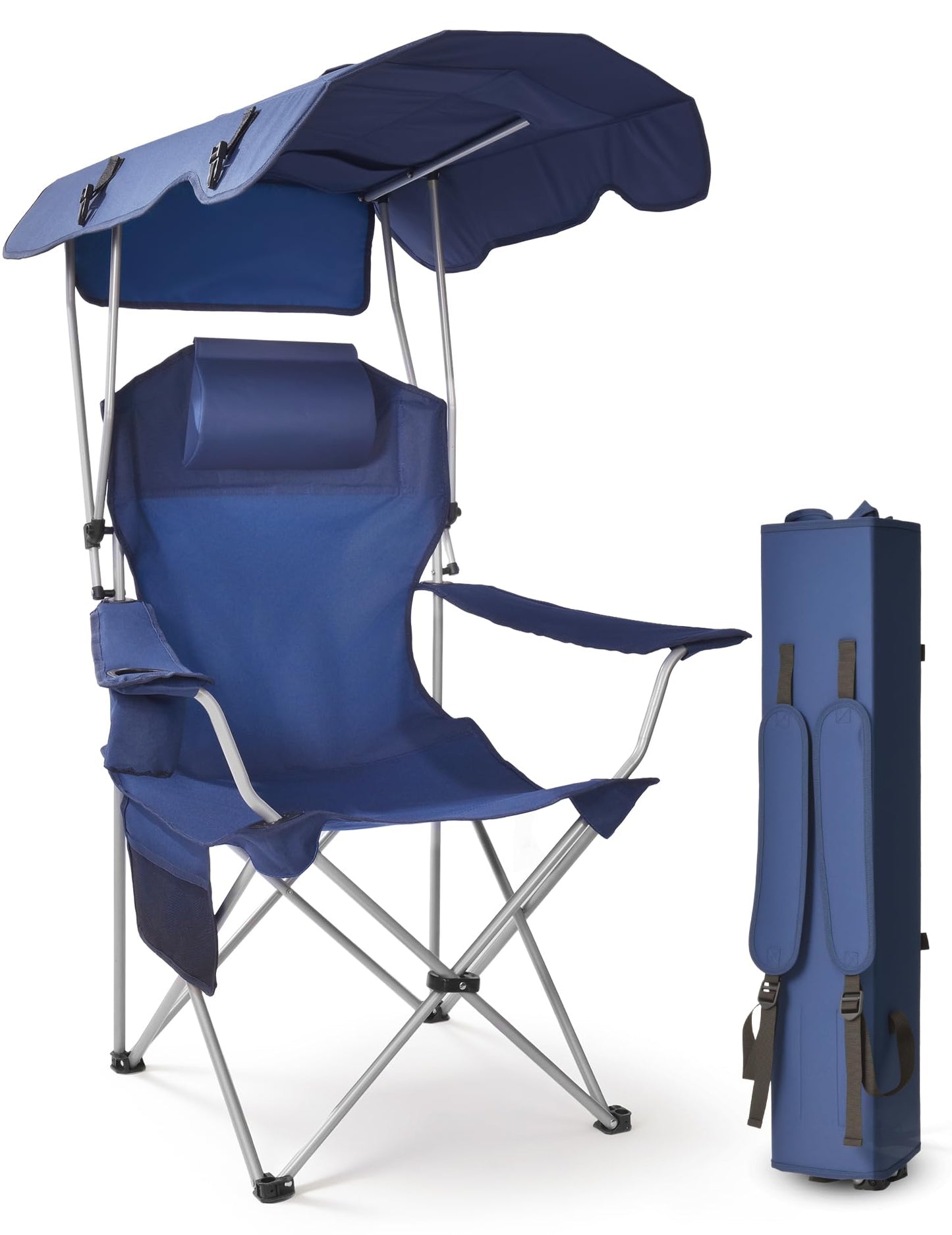 East Oak Camping Chair with Canopy | 25" High Back Folding Beach Chair with Canopy Shade, Supportive Headrest, Cup Holder, Side Pocket, 330 lbs Heavy Duty Canopy Chair for Outdoors