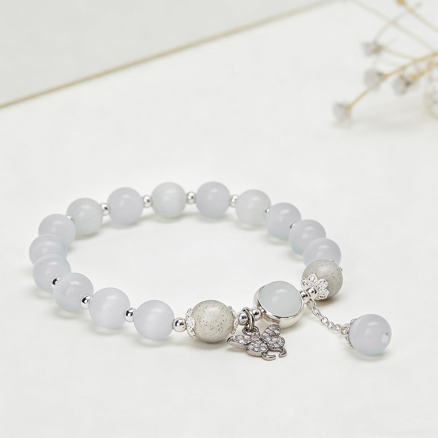 Buddha Stones Butterfly Bracelets for Women, 8mm Cats Eye Stone Bracelet with Gray Moonstone Labradorite Butterfly Charm Healing Crystal Beaded Bracelet Meditation Spiritual Jewelry Mothers Day Gifts