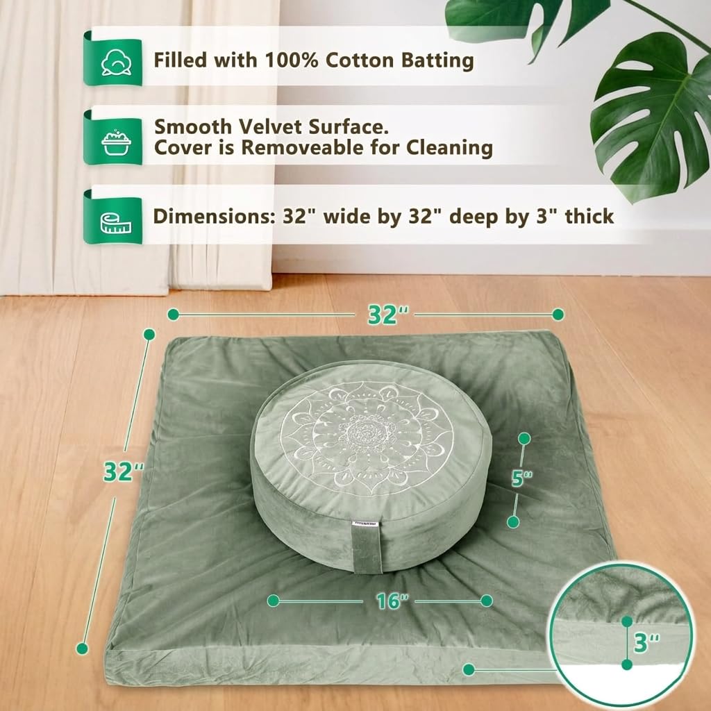 Hihealer Meditation Cushion, Traditional Tibetan Meditation Pillow Velvet Cover - Large Floor Cushion Seating for Adults - Yoga Buckwheat Bolster for Women、Moms