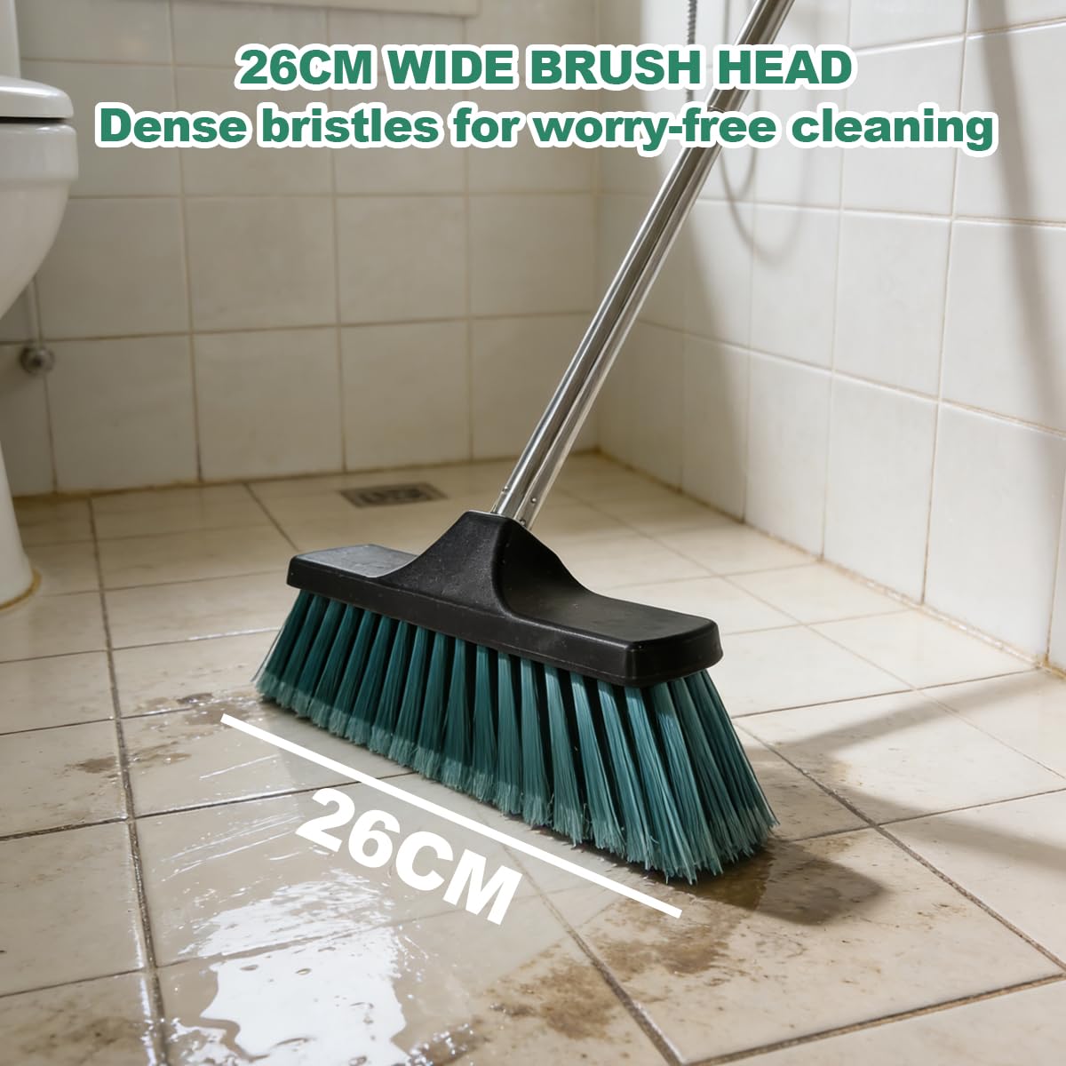Xifando Small Floor Scrub Brush with 4-Section Stainless Steel Handle, 52" Adjustable Long Handle, 5-Row Dense Flagged Bristles, for Tile, Bathroom, Patio, Indoor & Outdoor Cleaning (Black+Green)