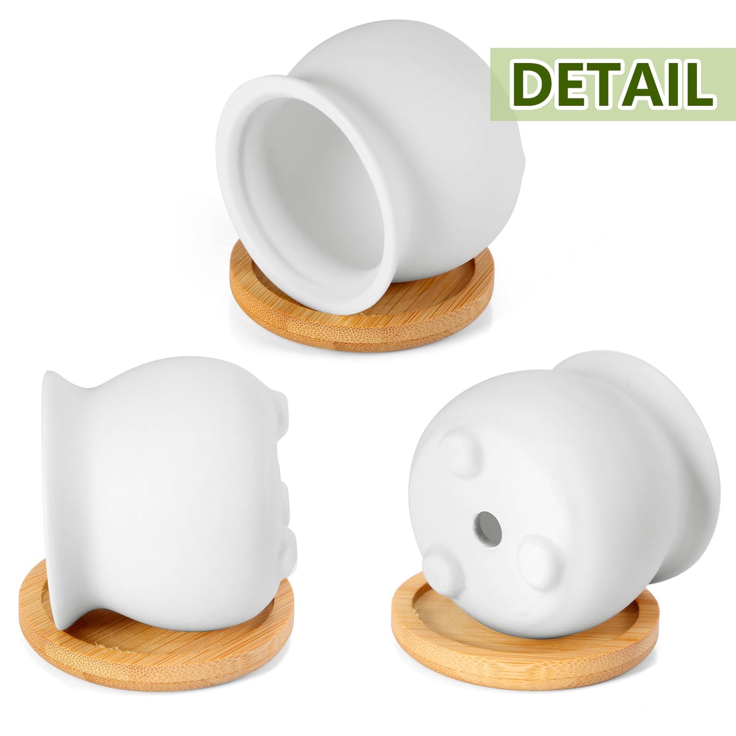 Remerry 18 Pcs 2.5 Inch Mini Succulent Pots with Bamboo Tray White Ceramic Pots Color Your Own DIY Small Planters Containers for Flower Cactus with Drainage Hole for Plant Lover
