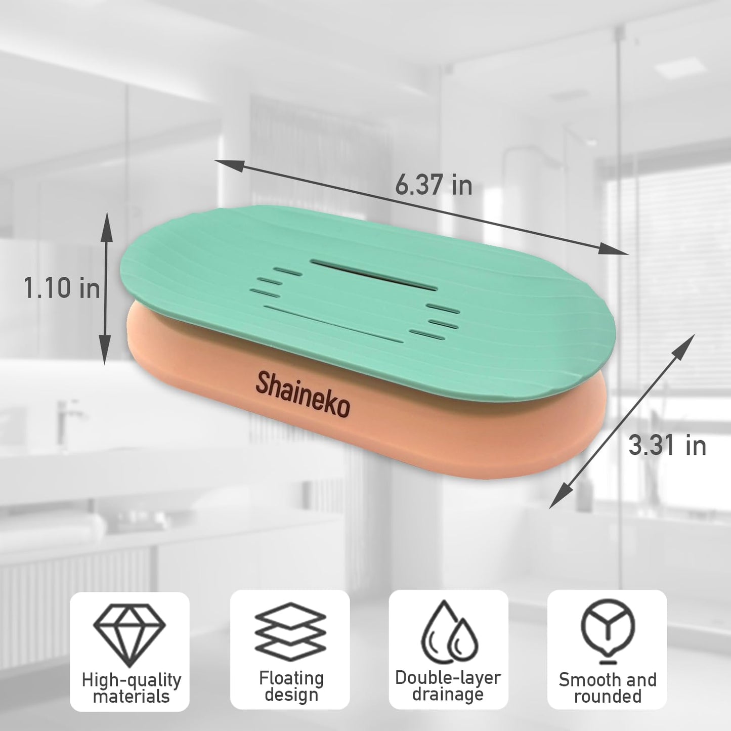 Shaineko Self-Draining Soap Dish for Shower - Bar Soap Holder with Drainage Holes, Wall Mounted, Non-Slip Weighted Base, Removable Tray for Bathroom Sink or Shower Ledge(Green & Pink)