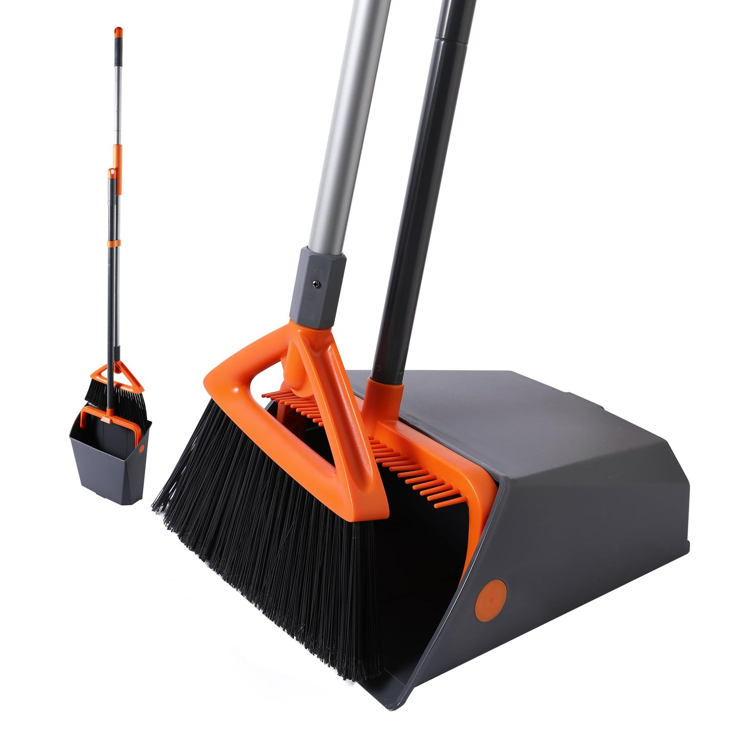 CLEANHOME Heavy Duty Outdoor Broom and Dustpan Set with Long Handle, Standing Dustpan & Split-End Bristles for Patio, Garage, Deck, Leaves Debris Cleaning