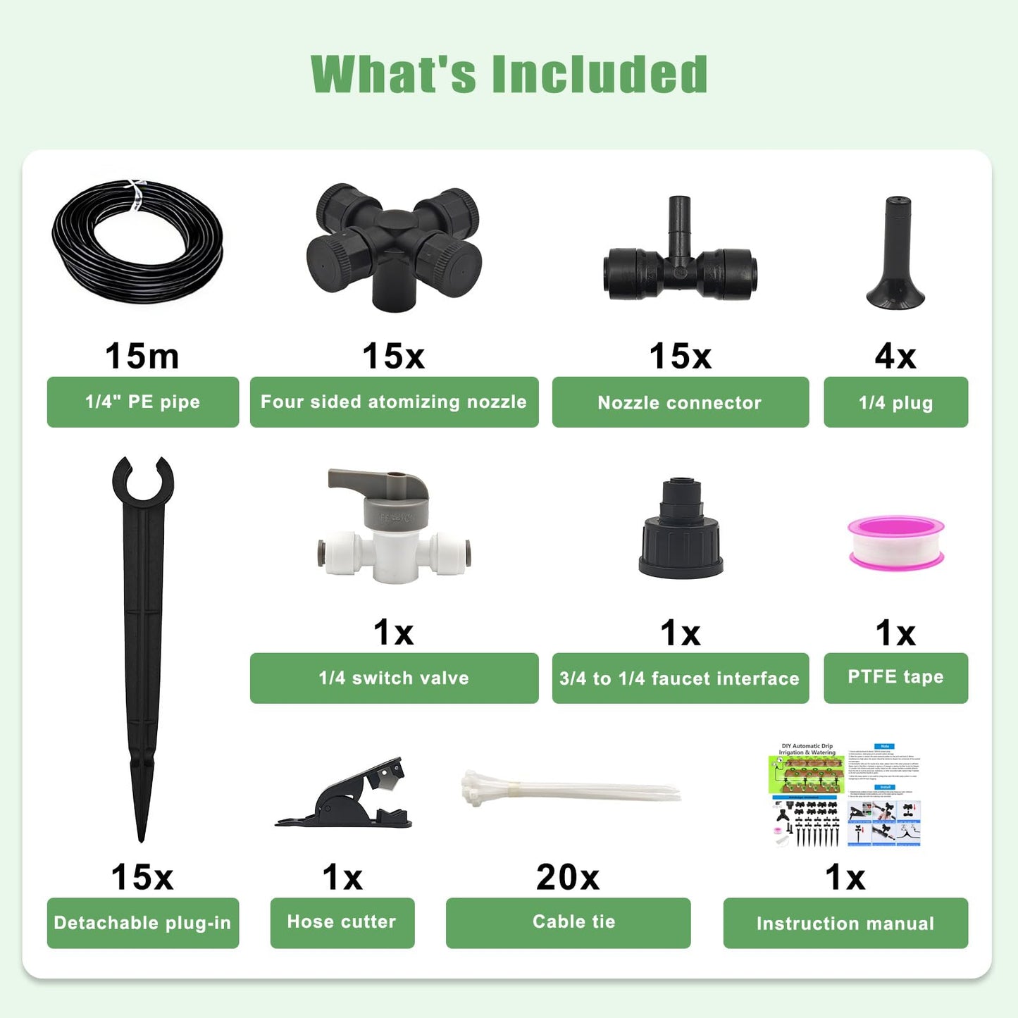 50FT Drip Irrigation System Kit Automatic Garden Watering System with 1/4" Drip Tubing & Quick Connect Fittings Adjustable Mist and Linear Columnar Modes for Greenhouse, Raised Garden Beds, Lawn, Yard