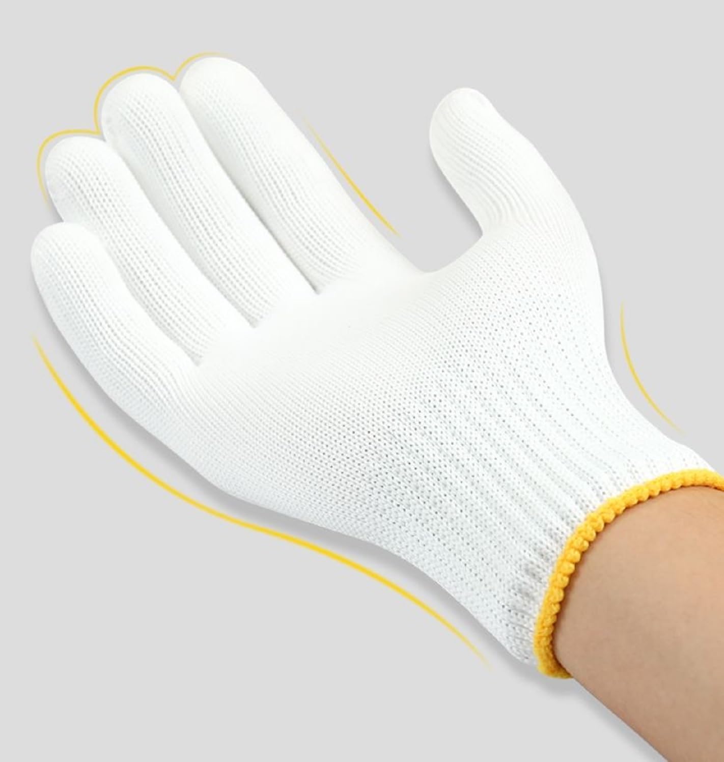 Safety Work Gloves 12 Pairs Polyester Knitted Gloves for Garage Warehouse Painter Mechanic Industrial Gardening Construction (White / Yellow Border)