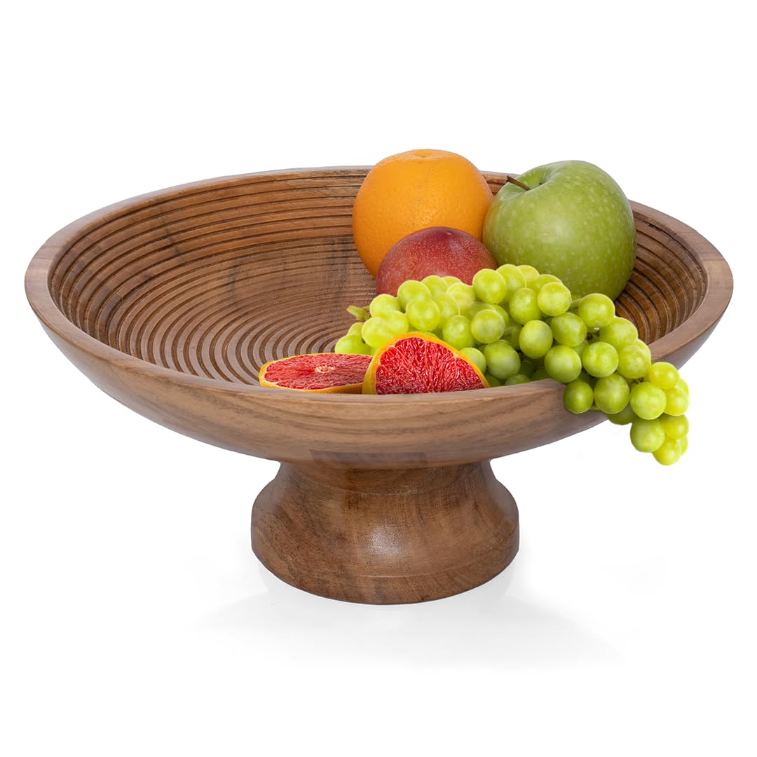 Folkulture Wooden Fruit Bowl for Kitchen Counter | 12" Large Premium Eco Friendly Banana Fruit Basket for Kitchen | Acacia Wood Bowl with Holder, Pedestal for Table Decor, Centerpiece for Dining Table
