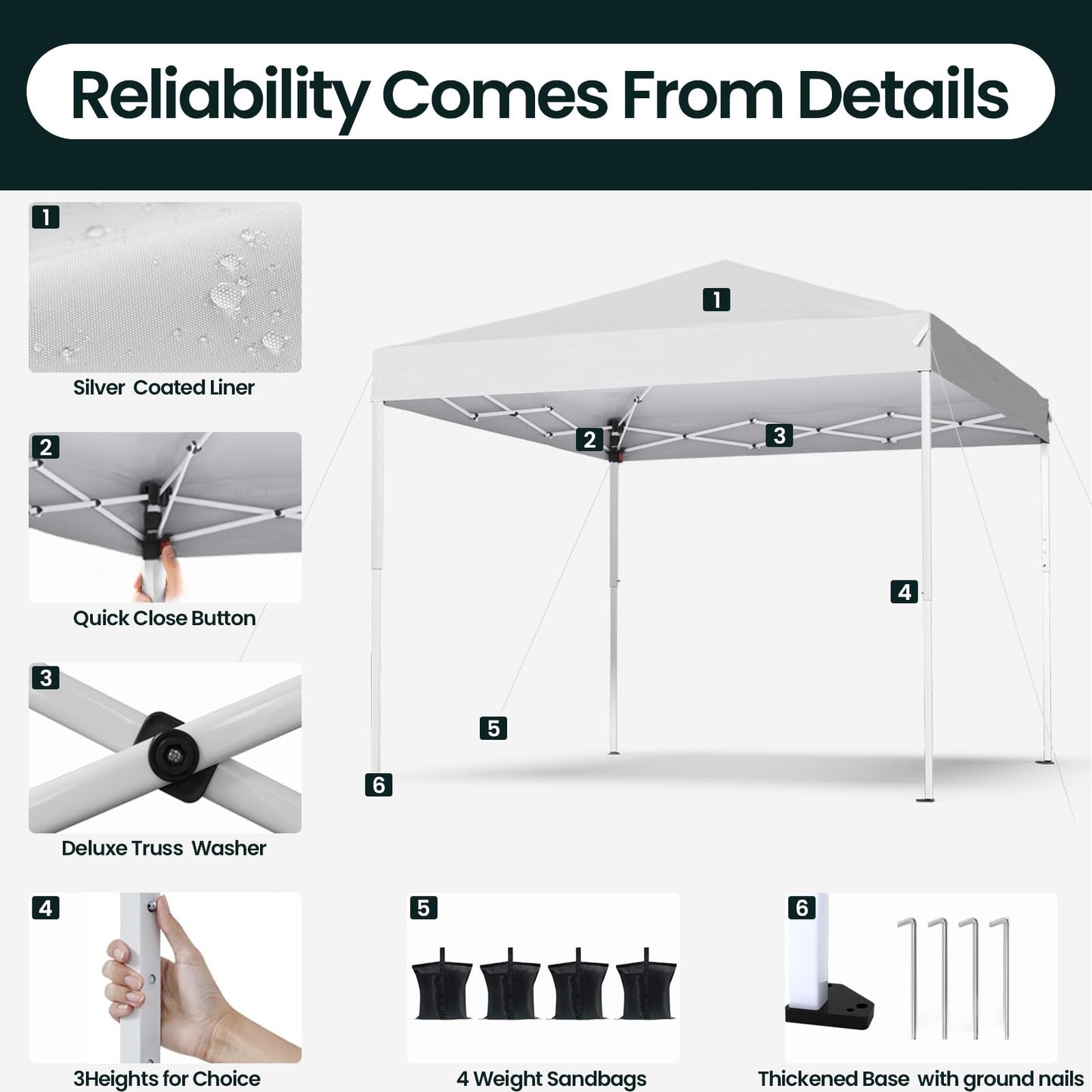 PHONWHON Shades 10x10 Pop Up Canopy, Heavy Duty Beach Tent with Carrying Bag for Easy Moving, Sun Shelter for Parties, Events, Camping, Outdoor Gazebo with 420D PU Coated Waterproof White Fabric