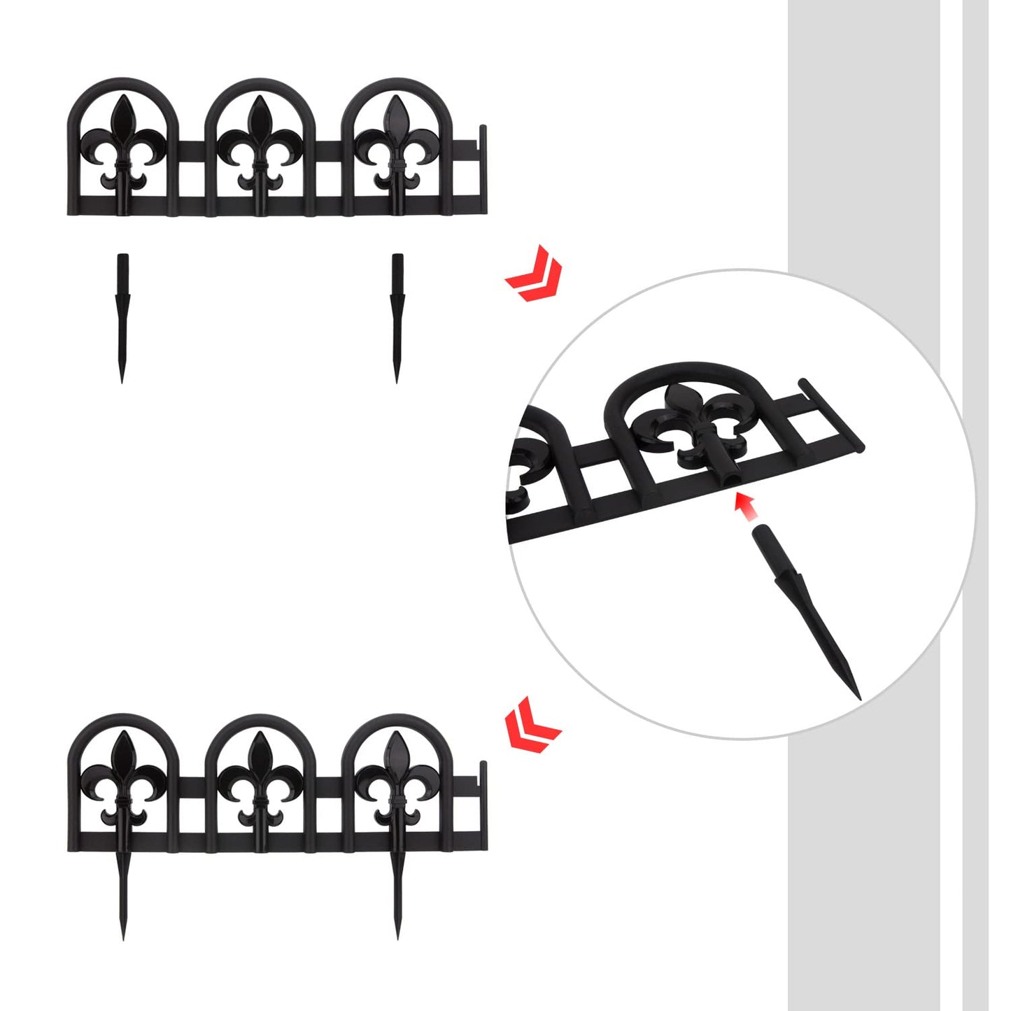 Evelyne Black Garden Border Plastic Edging – PP Plastic, Metal-Free Wrought Iron Look Design, 15pcs Black Yard Landscaping Fence Liner Lawn Edge Barrier, 20ft Kit of Decorative Lawn Landscape Panels