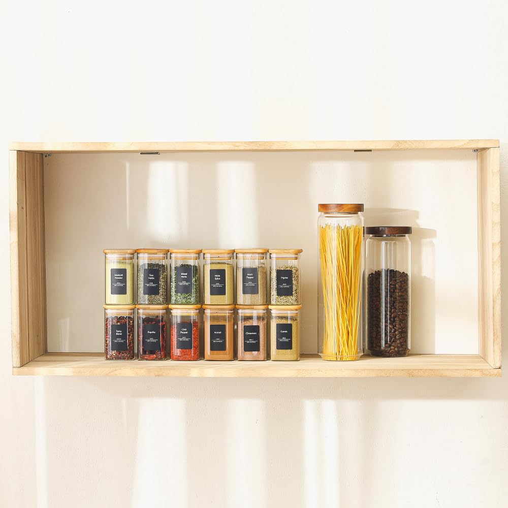 Homtop 16Pcs 9oz Spice Jars Glass Container with 275 Labels, Airtight Seasoning Empty Organizer with Bamboo Lid Set for Pepper, Salt, Sugar