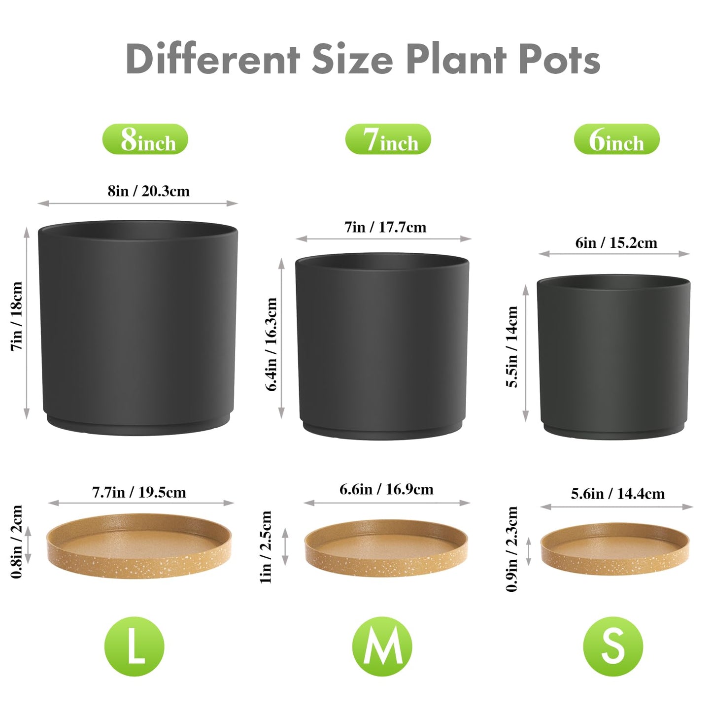 Meowell 8/7/6 inch Flower Pots, 3 Pack Cylinder Plant Pots for Outdoor Indoor Plants, Decorative Plastic Planters with Drainage Holes and Saucers for Garden House Plants, Black with Brown