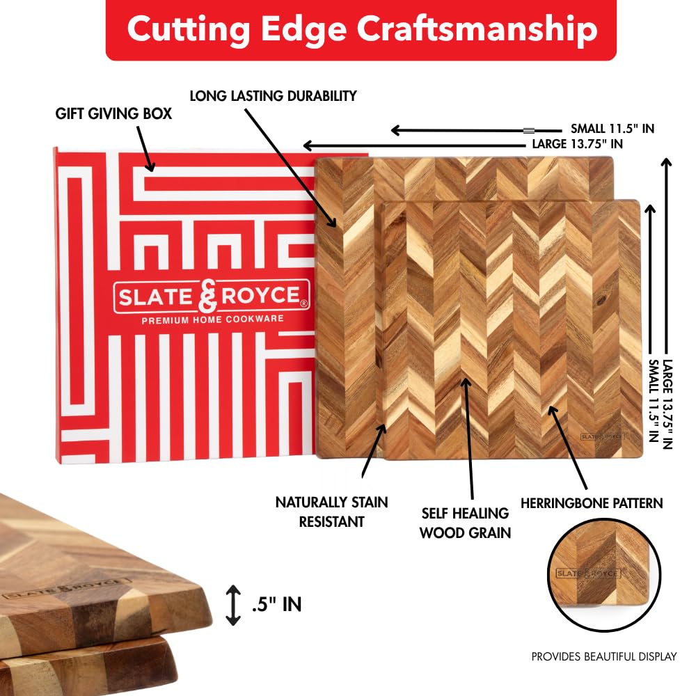 SLATE & ROYCE Herringbone Acacia Wood Cutting Board Set of 2 — Premium Wood Cutting Board & Serving Board, Non-Toxic, Kitchen Prep & Entertaining, Perfect Wedding or Housewarming Gift
