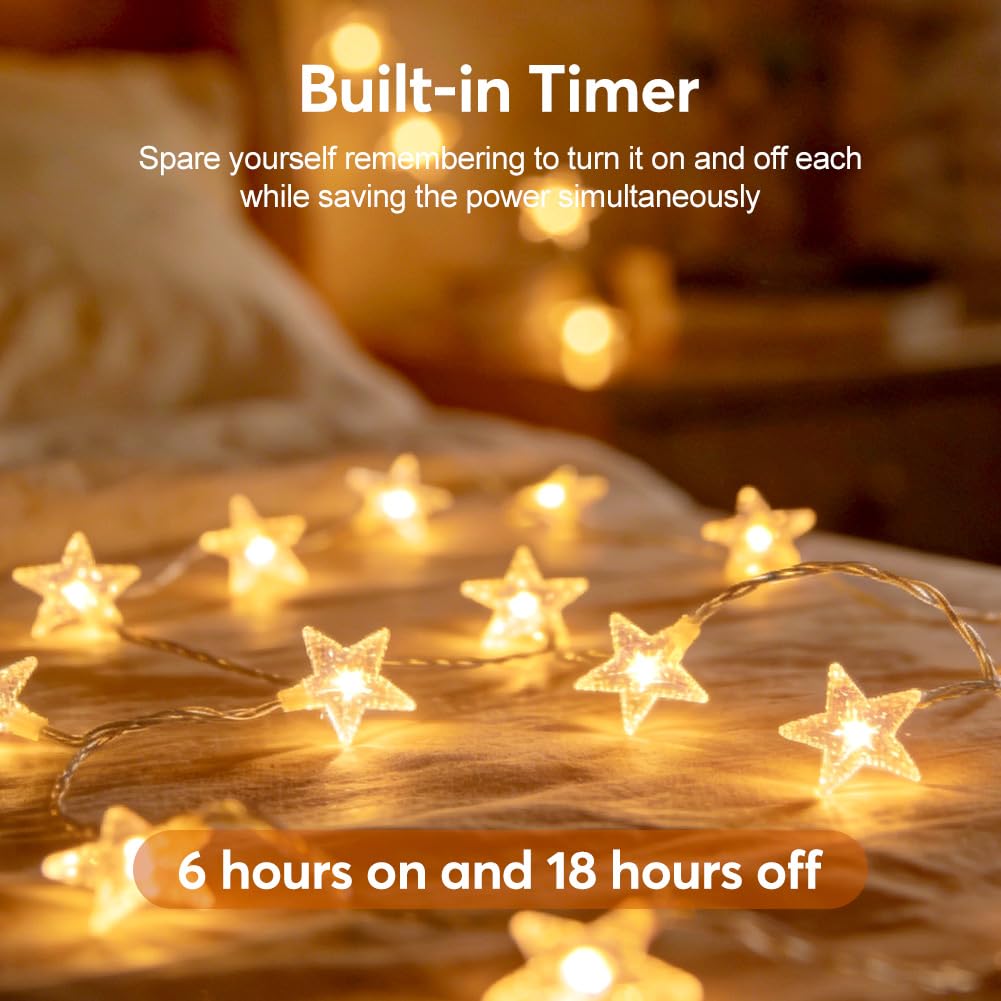RaThun 49.2ft Warm White Star String Lights, 100 LED with 16ft Extended Lead Wire & Remote, 8 Modes, IP44 Waterproof Plug in Linkable Lights for Outdoor Indoor Party Wedding
