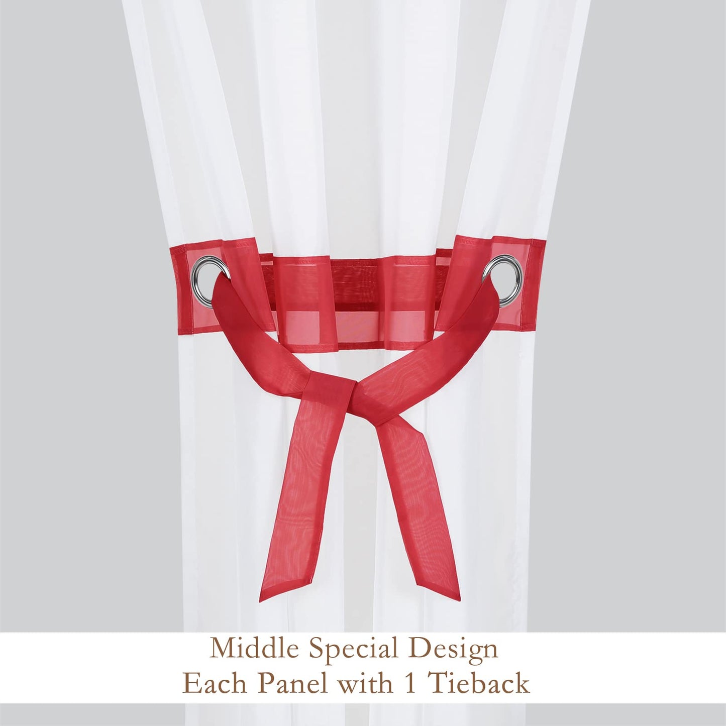 L.Z.E Red and White Sheer Curtains 84 Inches Long 2 Panels Set, Transparent Voile Window Drapes for Living Room & Dining Room with Classic Design, Elegant Grommet Curtain with Tieback
