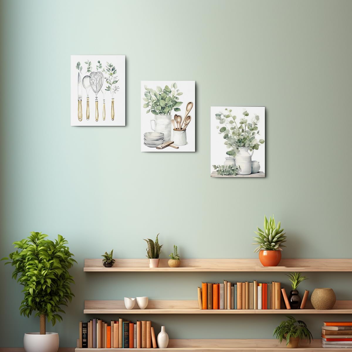 3 Pcs Botanical Plant Canvas Wall Art, Aesthetic Boho Wall Decor Framed Prints for Bedroom Living Room Decor, Sage Green Eucalyptus Leaf Tableware Prints for Office, Housewarming Gifts 11.5x15 Inch