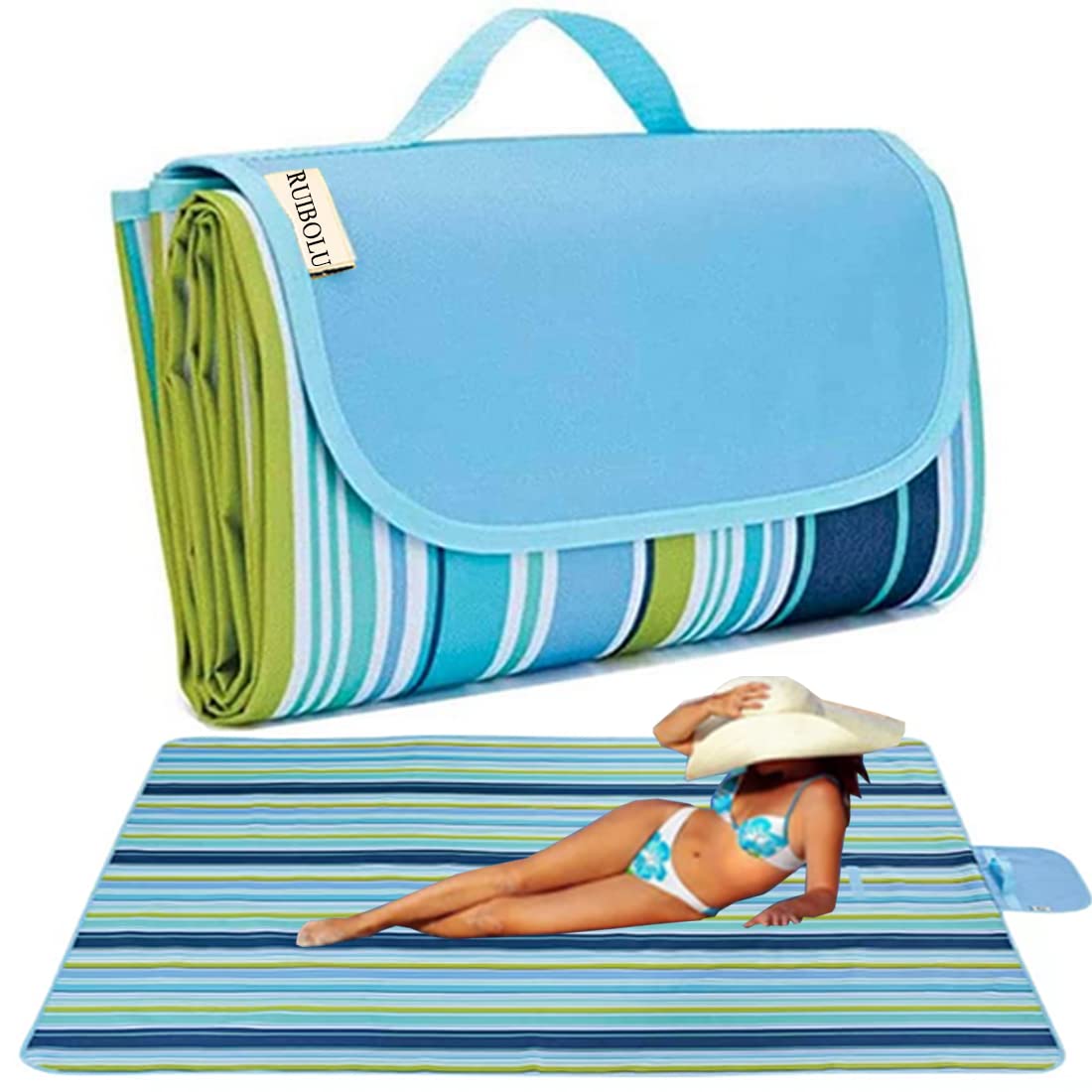 RUIBOLU Large Picnic Blanket, Beach Blankets(80X60) Inch Sandproof Beach Mat for 3-5 Adults Waterproof Quick Drying Outdoor Picnic Mat for Travel Camping Park Lawn (Blue Stripes)