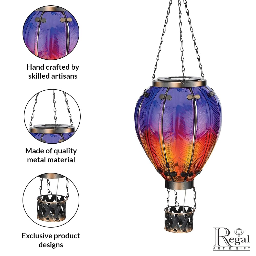 Regal Art & Gift 23.5 Inch Hot Air Balloon Solar Lantern – Hanging Solar-Powered LED Lights, Waterproof Portable Decorative Outdoor Lamp Made of Metal & Glass for Garden, Patios & Pathway – Purple