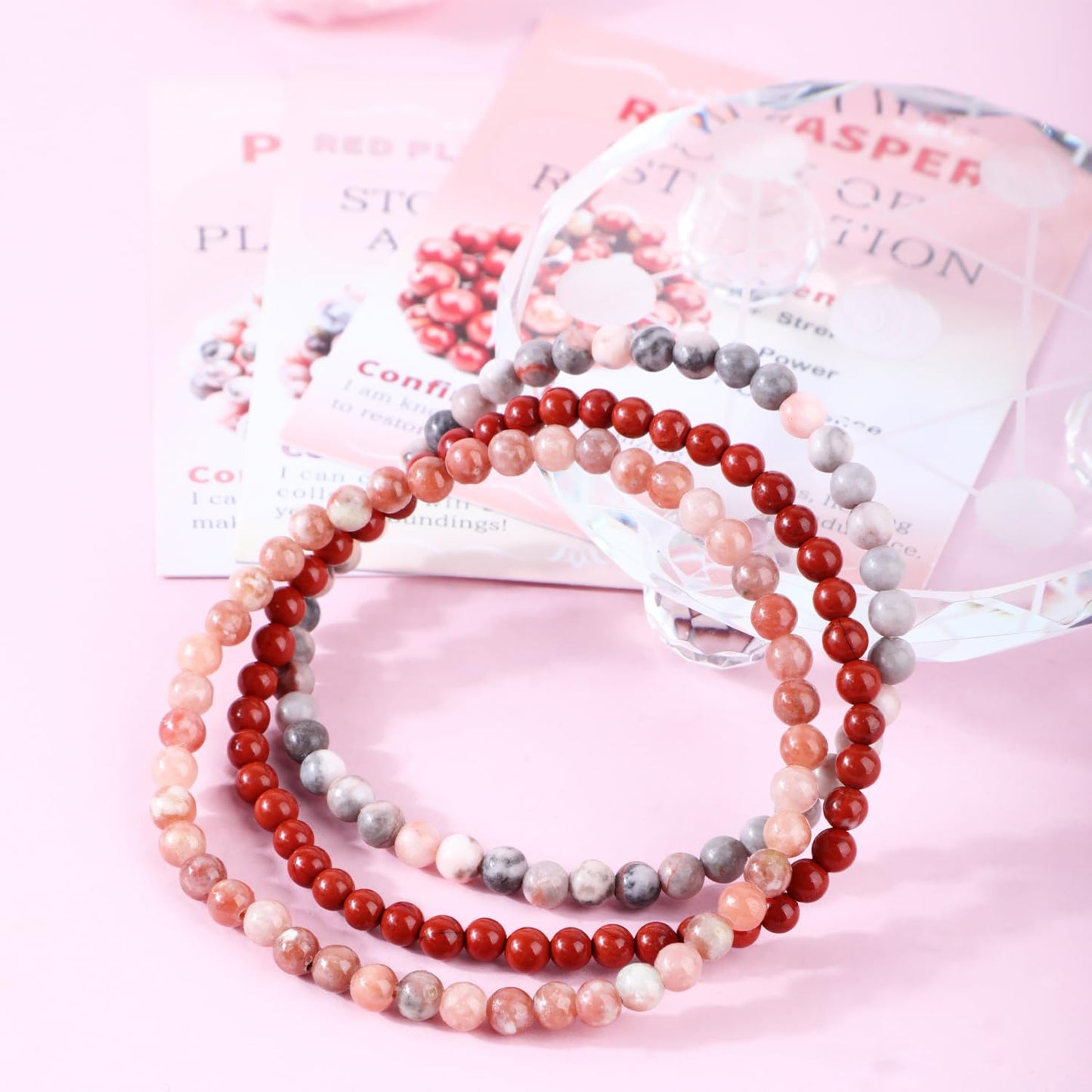 CMBYN 3-Pieces 4mm Natural Crystal Gemstone – ﻿Pink Zebra, Red Jasper, Red Plum Blossom Stone Handmade Reiki Energy Healing Stretch Bracelets Jewelry for Yoga, Meditation, Unisex