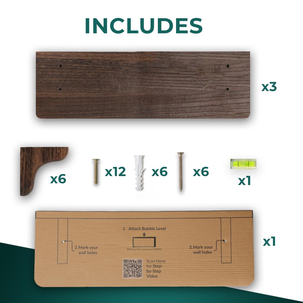Real Wood Wall Mounted Shelving Rustic Wood Shelves with Brackets - 17 inch (3 Pack) - Easy to Install, Template and Video Included - Wide Brown Shelves for Wall