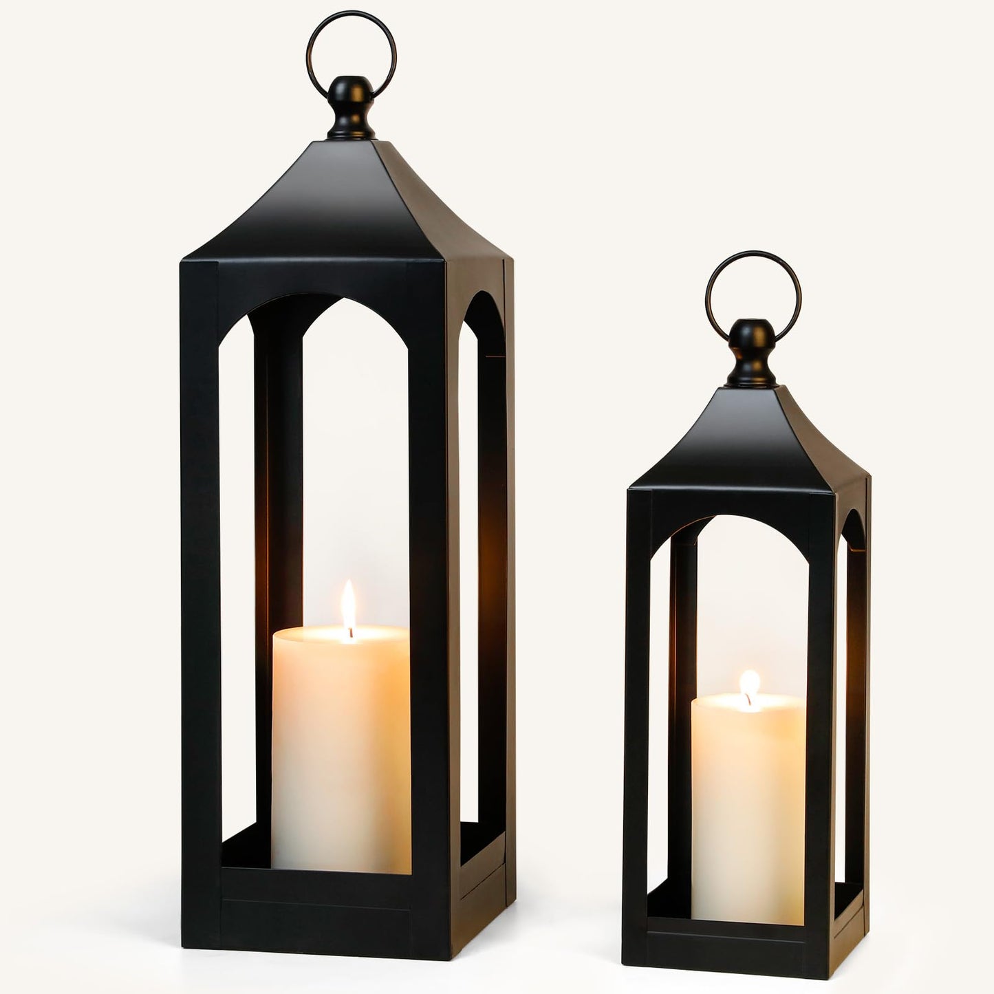 Modern Farmhouse Lantern Decor, Black Metal Decorative Hanging Candle Lanterns Ideal for Home Decor, Parties & Events, 15.1" High (No Glass Panel)