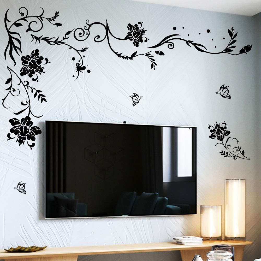 Supzone Flowers & Butterflies Wall Decals - DIY Black & Floral Wall Stickers for Bedrooms & Living Rooms