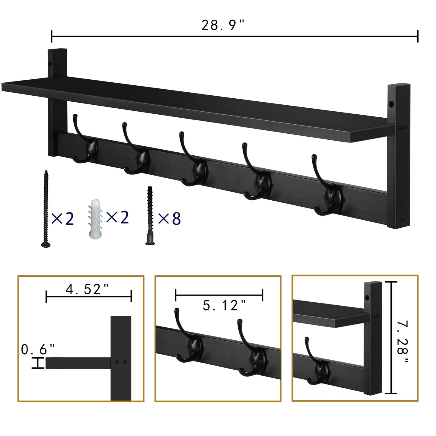 BAMEOS Wall-Mounted Shelf with Hooks - 28.9 Inch Entryway Hanging Shelf with 5 Dual Hooks for Bathroom, Living Room, Bedroom (Black)
