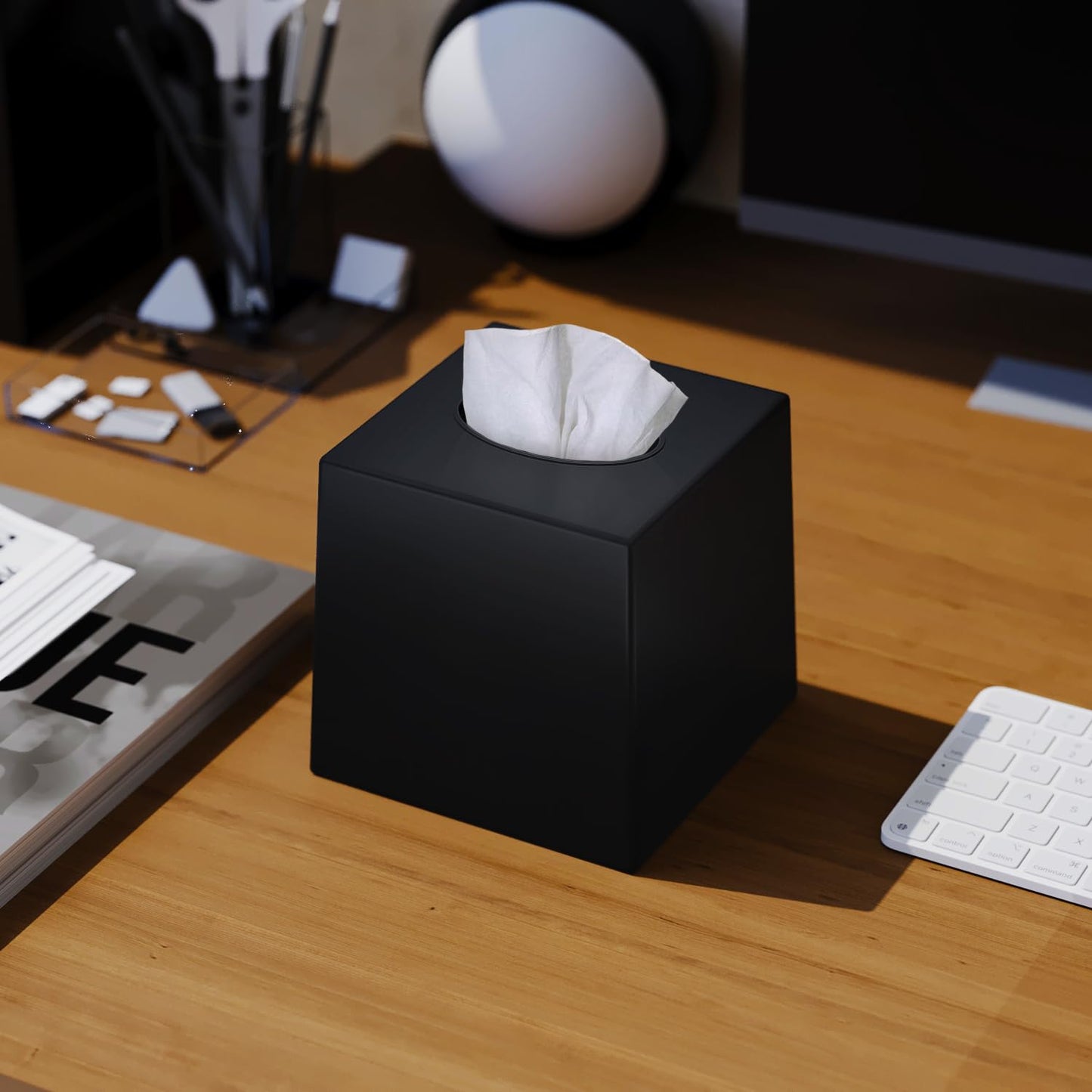 Creative Scents Black Tissue Box Cover Square - 1 Pack Plastic Cube Tissue Holder Dispenser - Decorative Facial Tissue Box Holder for Living Room, Office Desk - Vanity Countertop (5.5" x 5.5" x 5.6")