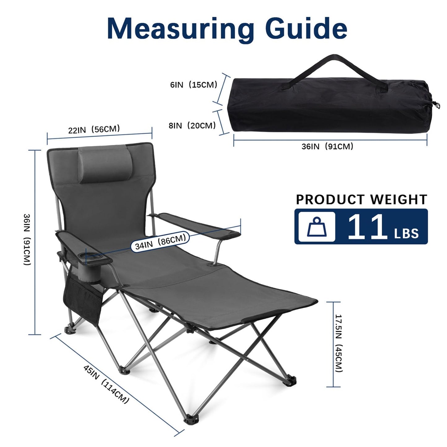apollo walker Reclining Beach Chair, Adjustable 90-135° Backrest Camping Lounge Chairs for Adults, 6-Legged Folding Chair with Foot Rest & Detachable Pillow, Includes Carry Bag, Grey