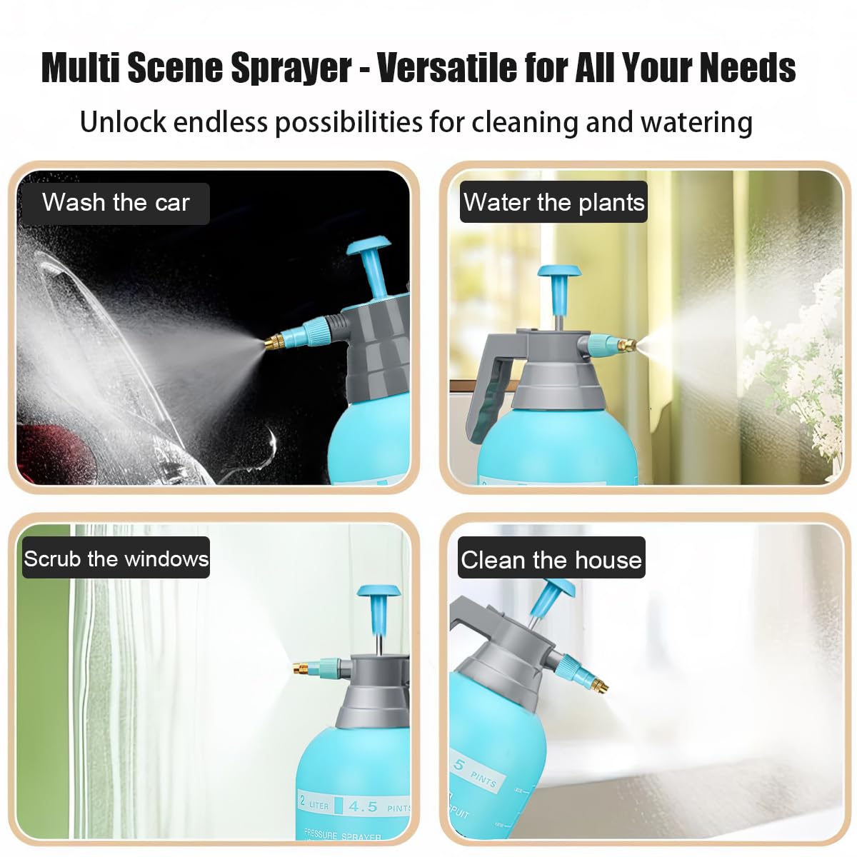 3-Pack Manual Pressure Sprayer with Adjustable Brass Nozzle, 2L Handheld Gressure Spray Bottle, Multipurpose Plastic Pump Bottle Spray for Garden Watering, Yard Spraying and Household Tasks