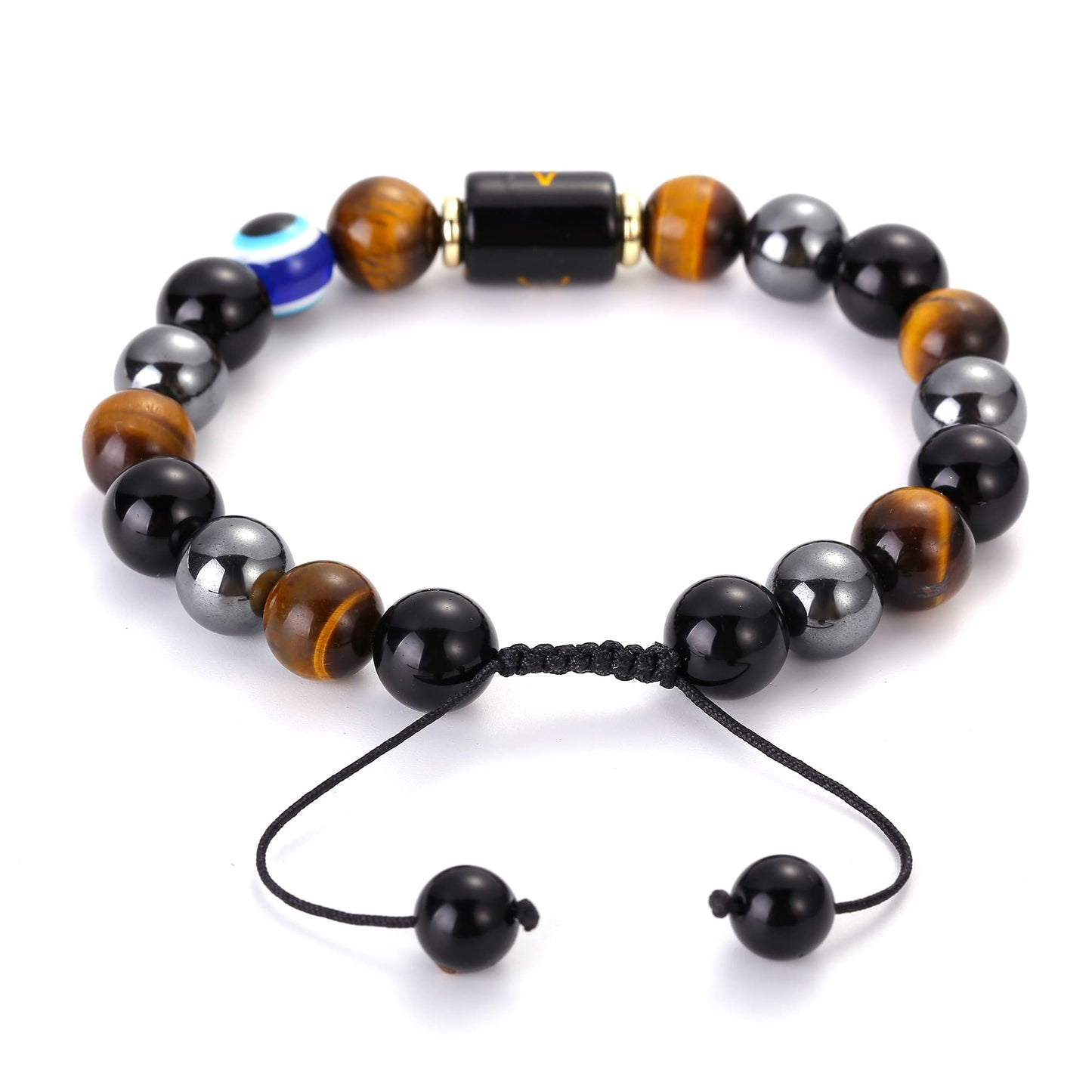 Initial Triple Protection Bracelet for Men,Black Evil Eye Tiger Eye Hematite Obsidian Good Luck Healing Crystal Stones Mens Bead Bracelet Jewelry Gift (J initial bracelet, Triple Protection)