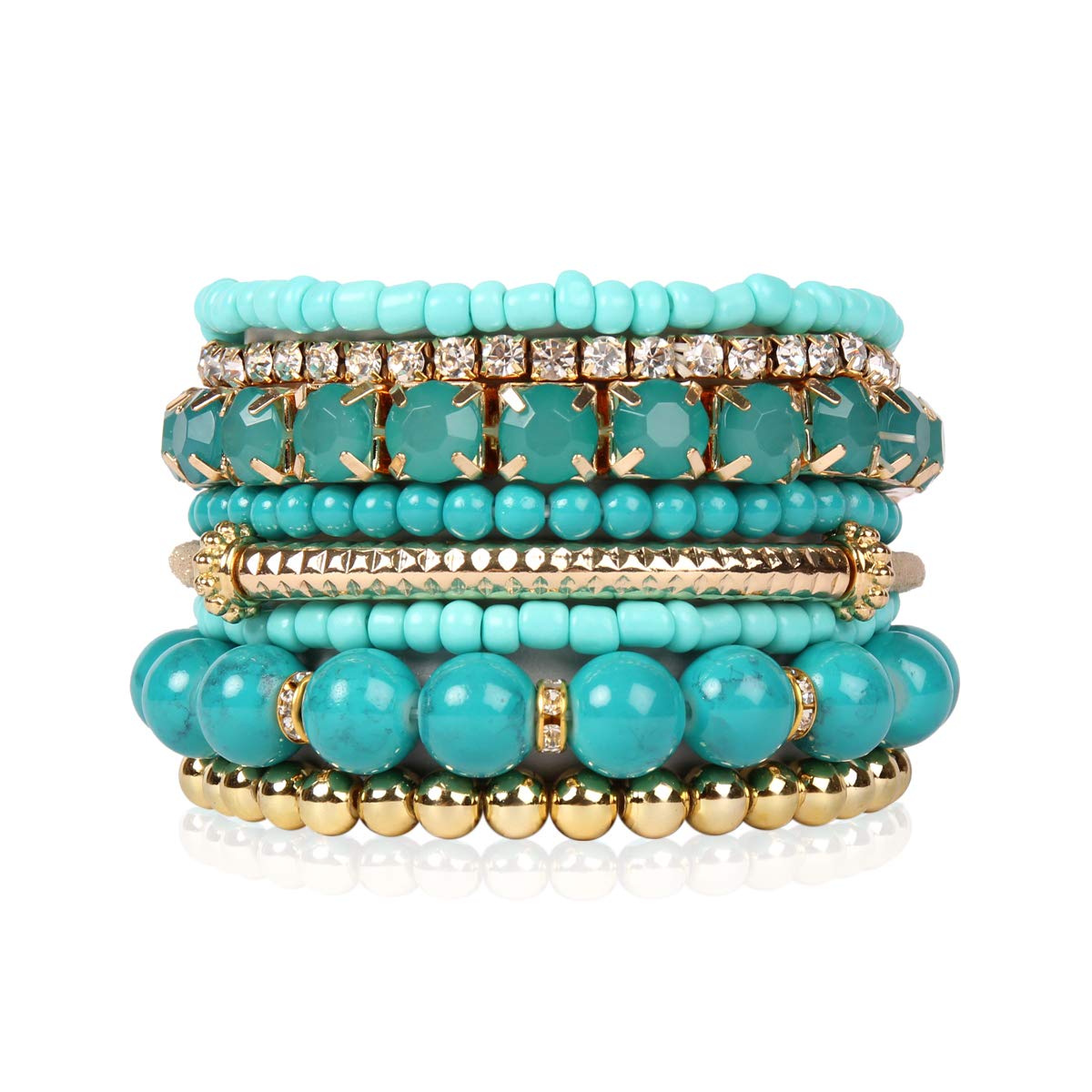 RIAH FASHION Multi Color Stretch Beaded Stackable Bracelets - Layering Bead Strand Statement Wrap Bangles (Original - Turquoise, 7.0 Inches)