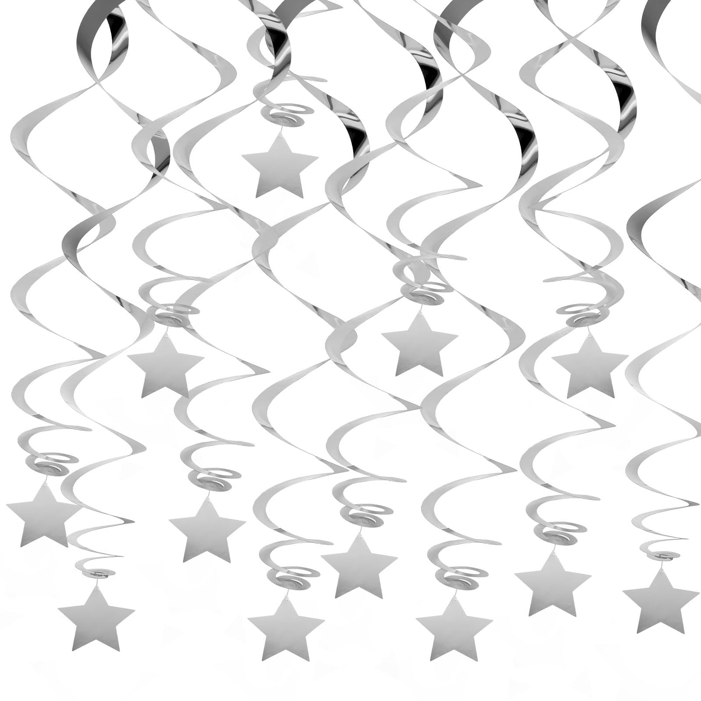 20 PCS Silver Hanging Stars for Ceiling, Silver Star Streamers Foil Swirls Party Decorations for Ceiling Graduation Wedding Baby Shower Party Supplies