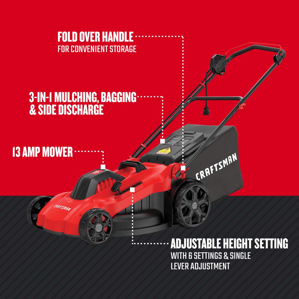 CRAFTSMAN Electric Push Lawn Mower, 20-Inch Deck, Corded, Powerful 13-AMP Motor, 6 Setting Height Adjustment, Winged Blades, 3 in 1 Bagging, Mulching and Discharge (CMEMW213)
