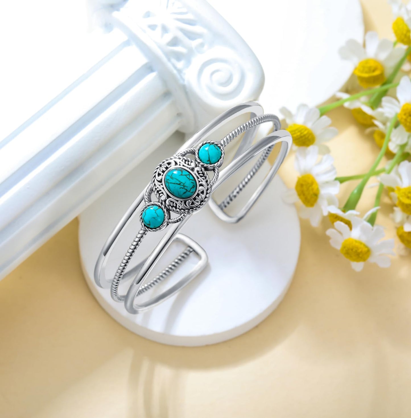 DOLIOX Genuine 3 Turquoise Stone Bracelet, Sterling Silver Boho Adjustable Bangle Cuff Native American Vintage Jewelry for Women, Fit for 6.5 7 7.5 Inches